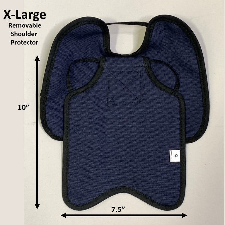 Navy hen apron with shoulder protectors for chickens, designed by Crazy K Farm Pet and Poultry, made in the USA.