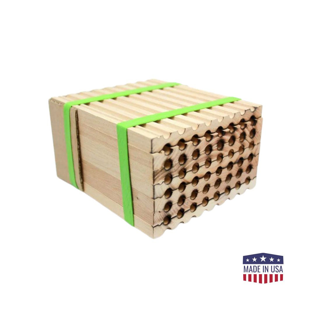 Spring reusable wood tray for mason bees by CrownBees, with 48 holes designed for 8mm bee nesting tubes.