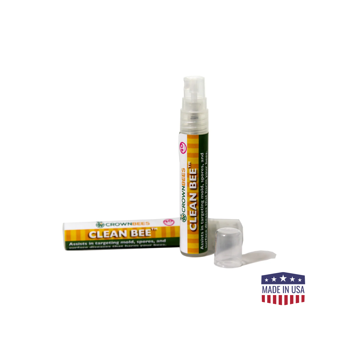 CrownBees Clean Bee™ Solution bottle with label, used for cleaning and maintaining beekeeping equipment.