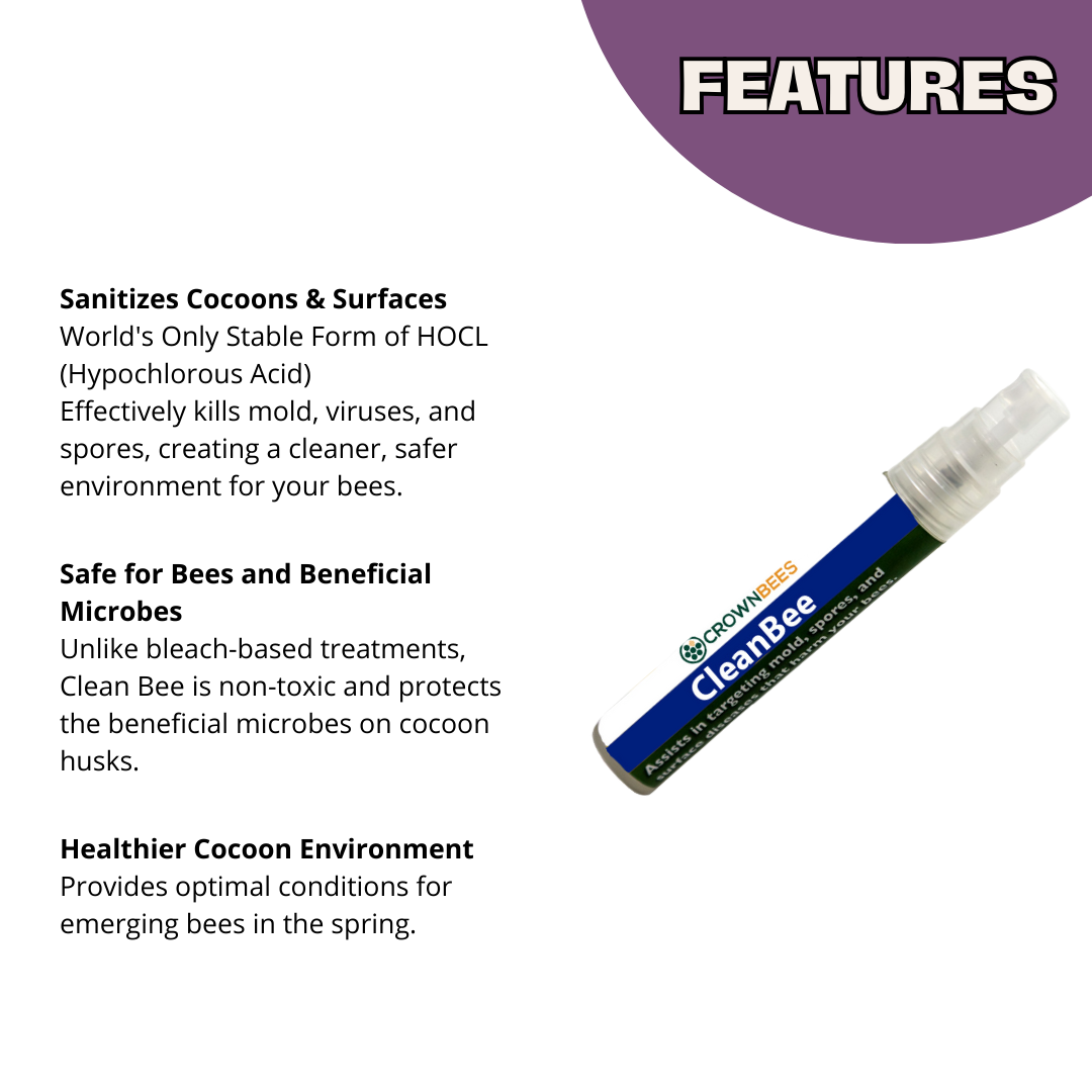 CrownBees Clean Bee™ Solution bottle with label, used for hive cleaning and maintenance in beekeeping.