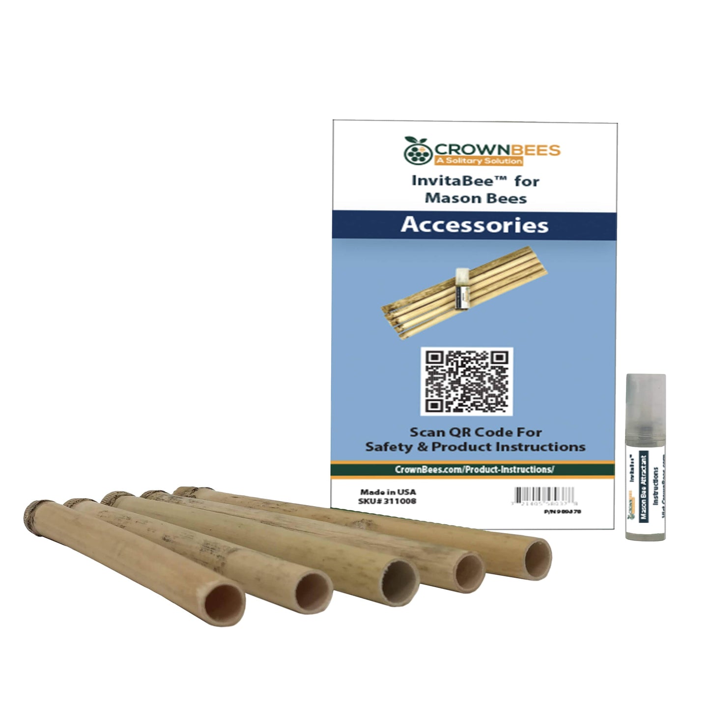 CrownBees InvitaBee Mason Bee Attractant bottle with label and cap for attracting mason bees to nesting sites.