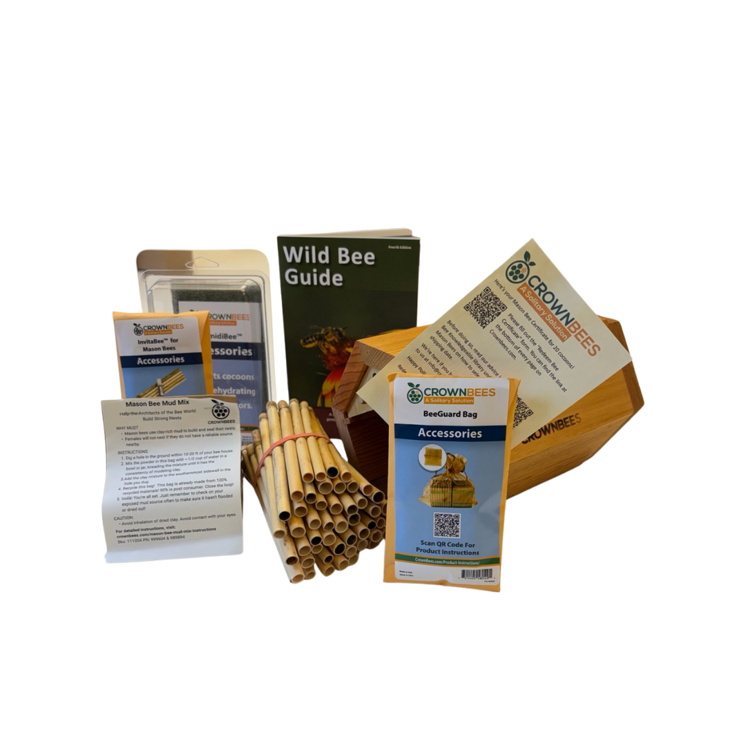 CrownBees Cabana Bee House and Complete Kit with bee certificate, featuring wooden bee shelter and equipment for mason bees.