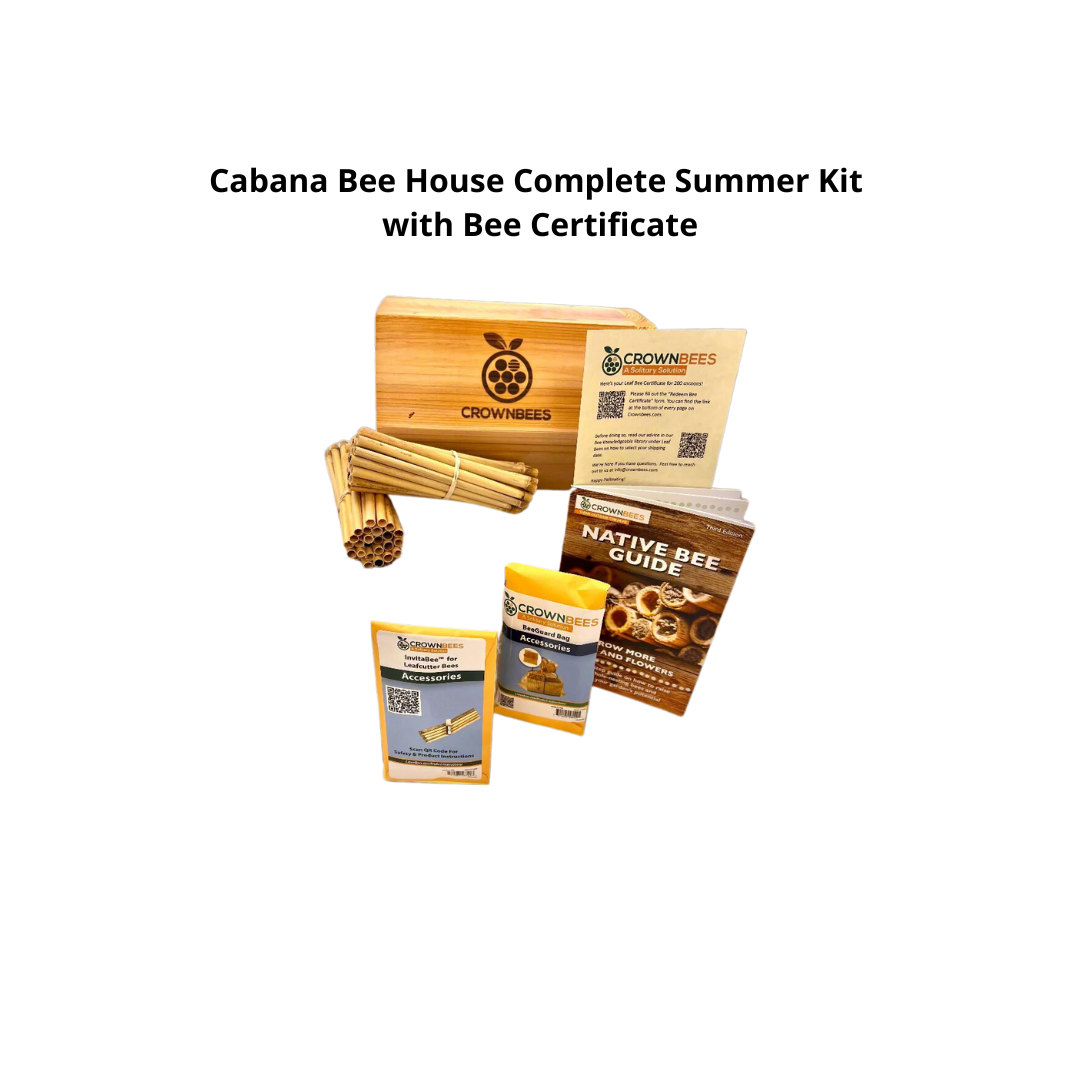CrownBees Cabana Bee House complete kit with bee certificate, featuring a wooden bee nesting house for mason bees.