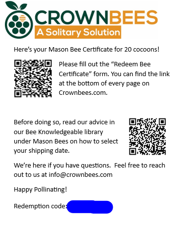 CrownBees Cabana Bee House complete kit with bee certificate, showing wooden bee habitat and packaging on a spring outdoor background.