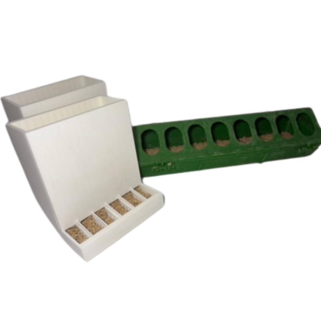 Two adjustable spill-resistant Button Quail Feeders for animal husbandry, made in the USA by Quailz.com.
