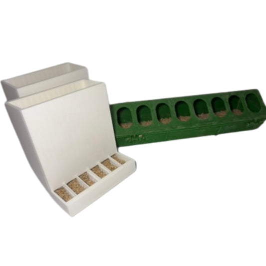 Two adjustable spill-resistant Button Quail Feeders from Quailz.com for safe, efficient quail feeding in animal husbandry.