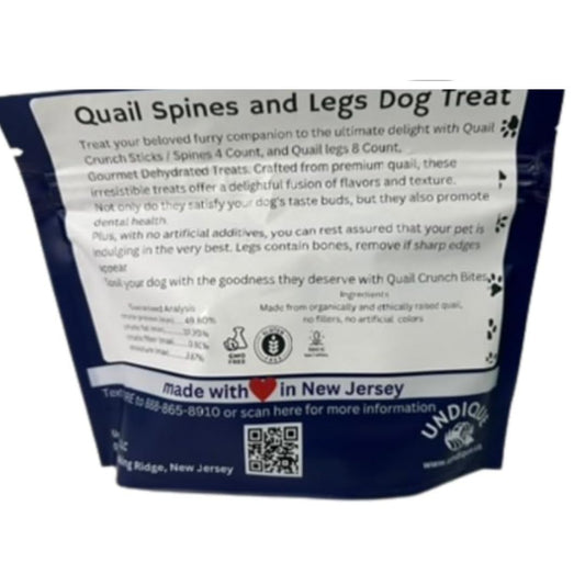 Organically fed quail crunch sticks and legs for pets, showing crispy treats with natural quail meat pieces.
