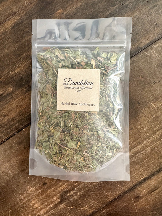 Dried dandelion herbs in an ounce package from Herbal Rose Apothecary, showing fresh green leaves and yellow flowers.