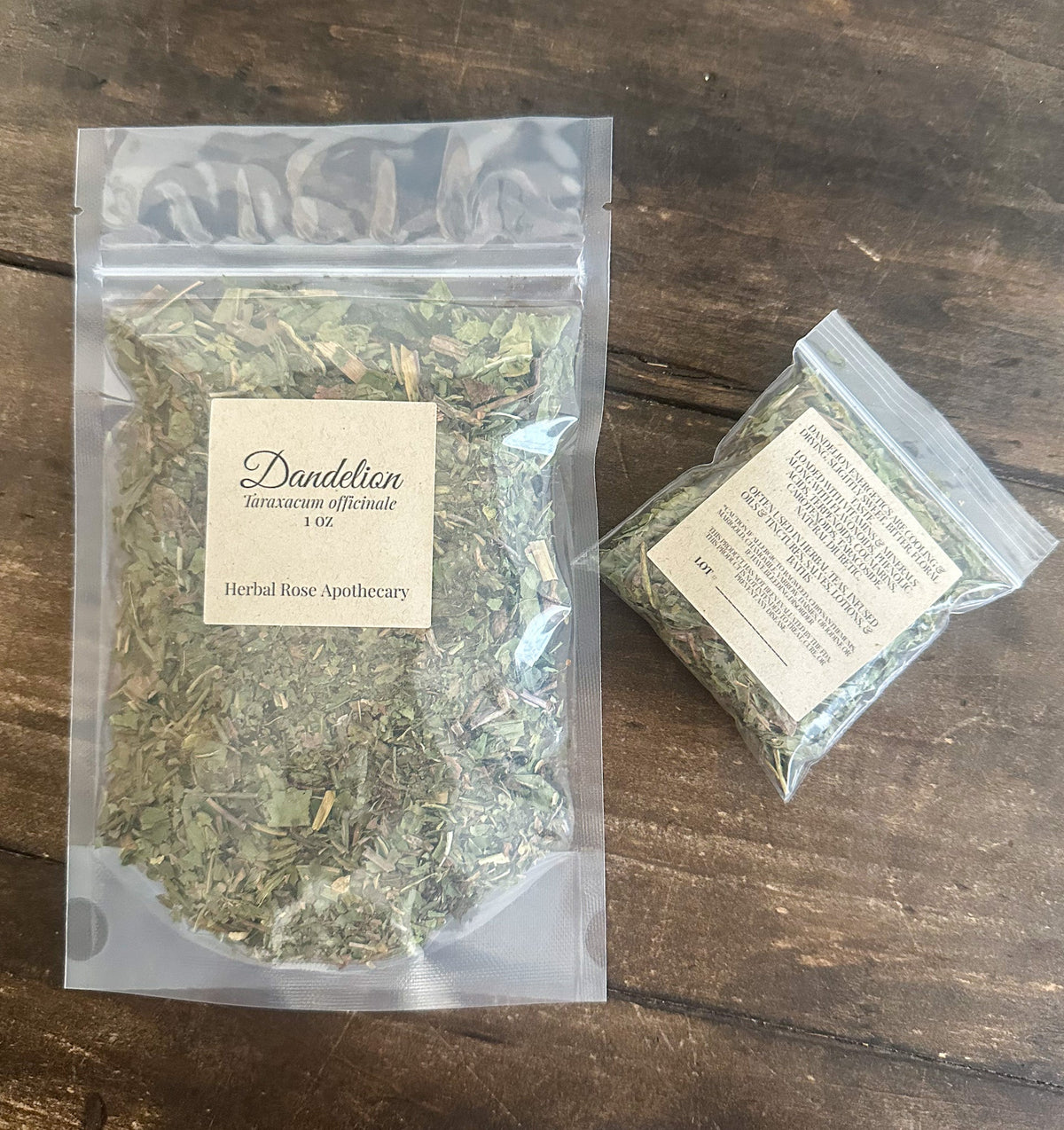 Dried dandelion herbs in a jar, natural herbal product from HerbalRose Apothecary, with green leaves and yellow flowers.