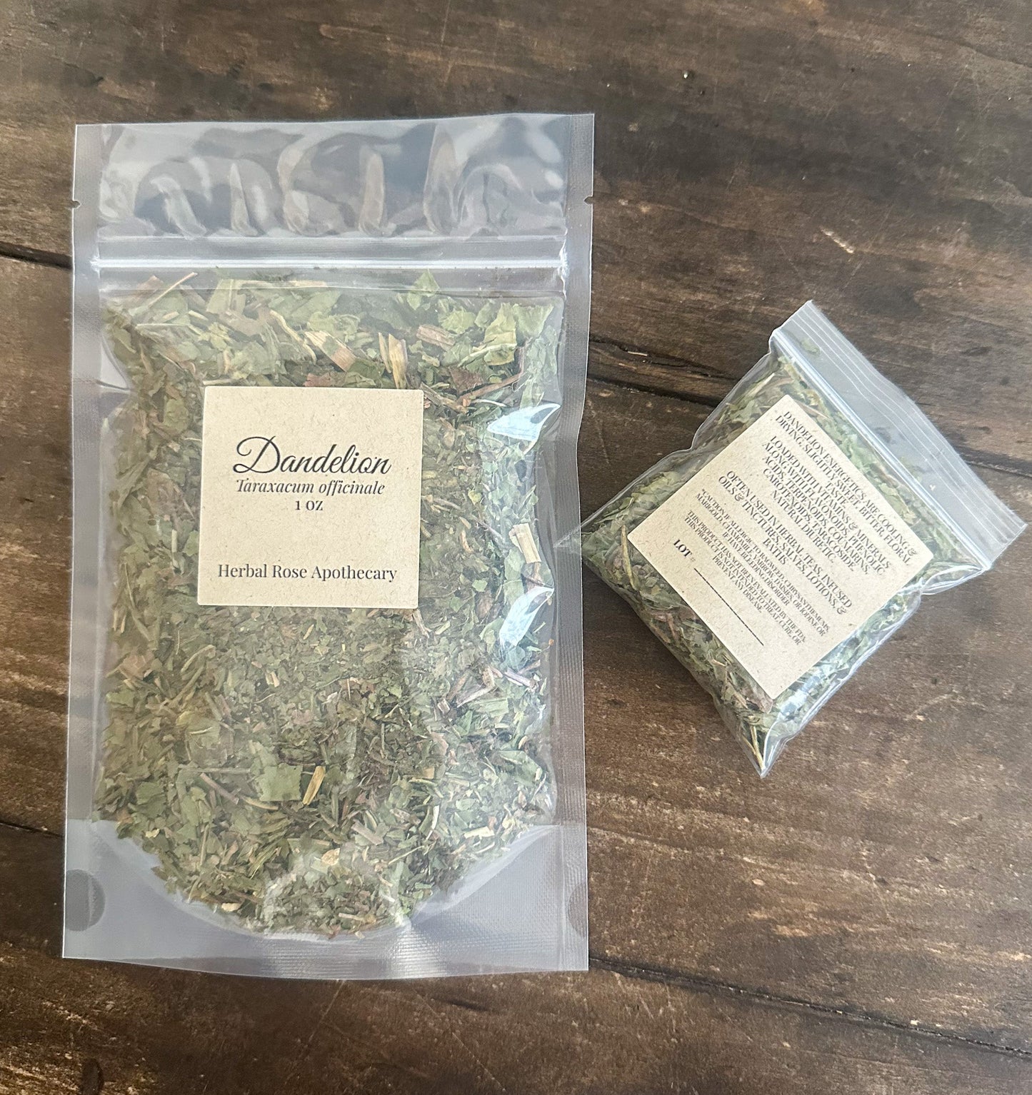 Dried dandelion herbs from herbalroseapothecary showcasing fresh, vibrant yellow flower and green leaves in a natural setting.
