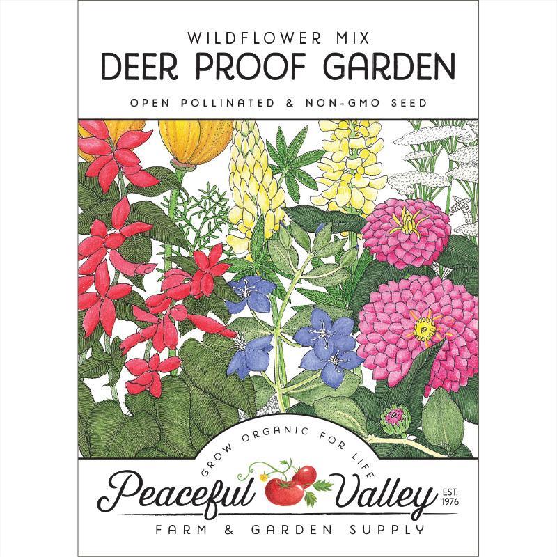 Deer-proof garden wildflower mix seed pack by Grow Organic, showing colorful native flower seeds for wildlife-friendly gardens.