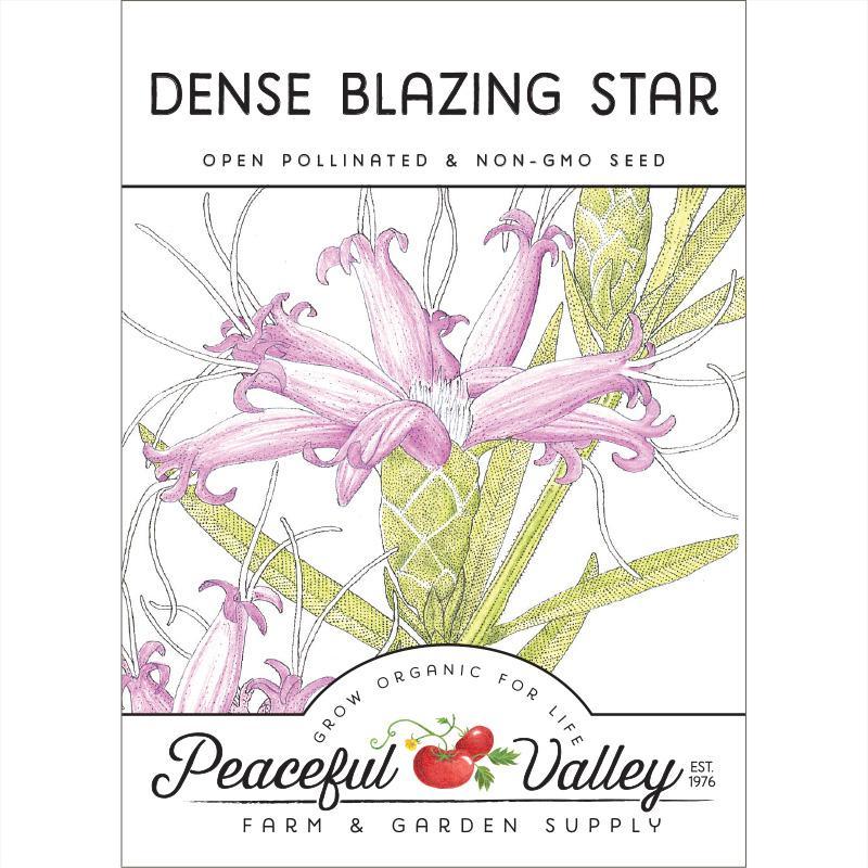 Pack of Grow Organic Dense Blazing Star flower seeds showing vibrant, densely packed wildflower seed packet.