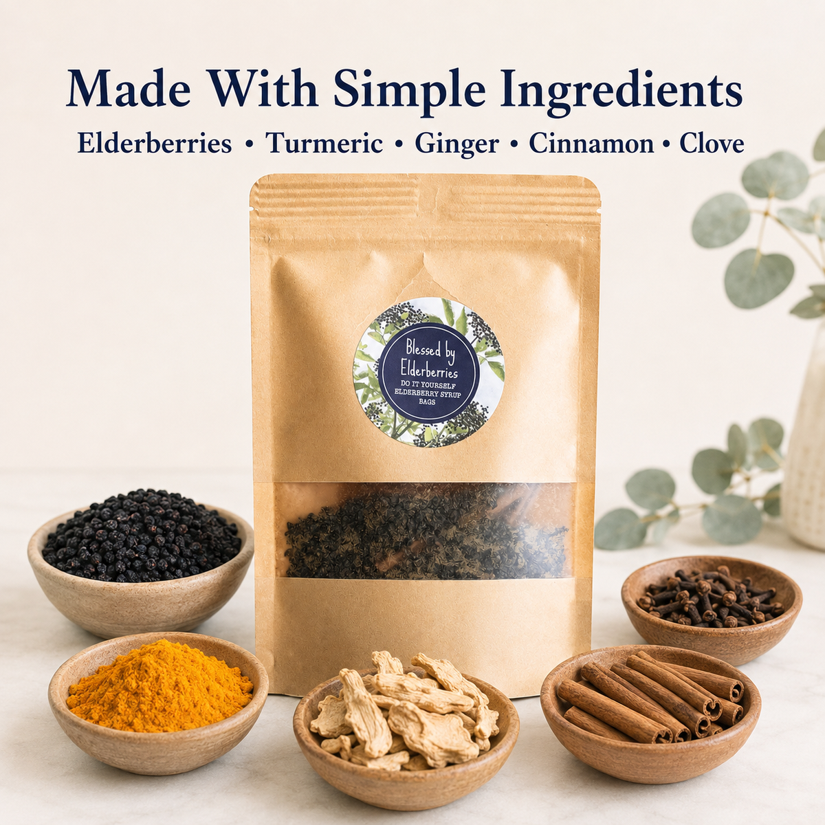 All-natural DIY Elderberry Syrup kit ingredients including dried elderberries, honey, and herbs for making quart-sized elderberry syrup.