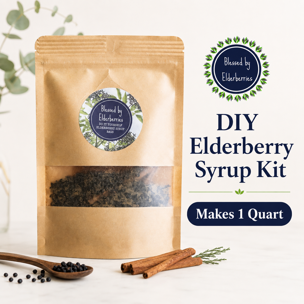 DIY Elderberry Syrup kit by Blessed by Elderberries for making one quart of all-natural elderberry tea at home.