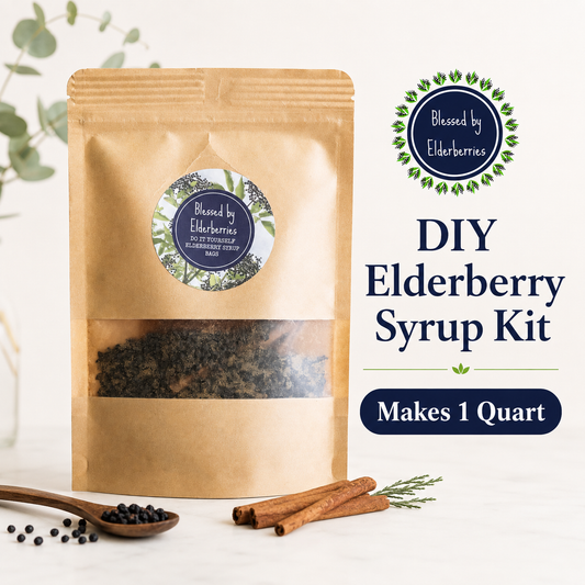 DIY Elderberry Syrup kit by Blessed by Elderberries for making one quart of all-natural elderberry tea at home.