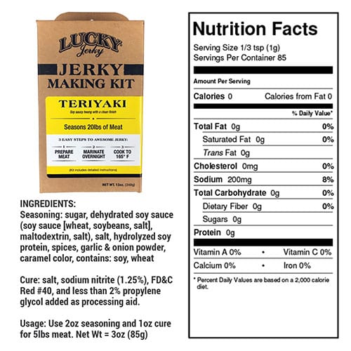 Teriyaki jerky making kit with Nebraska Star Beef, includes 12 oz of beef and ingredients for homemade jerky.