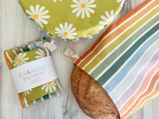 Dot and Army Daisy and Stripe Bread Makers Set with bread bag and cover, food container covers for bread storage.