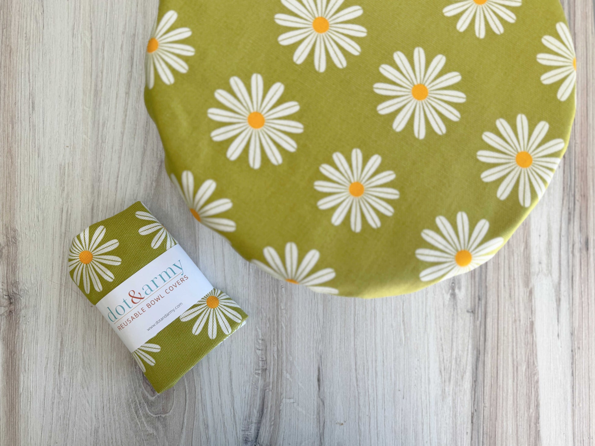 Reusable Daisy bowl cover by Dot and Army, waterproof food container cover with floral daisy design.