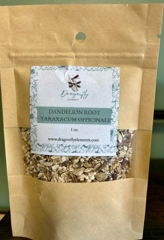 Organic dandelion root in a 1oz package from Dragonfly Elements, with dried, whole root pieces visible.
