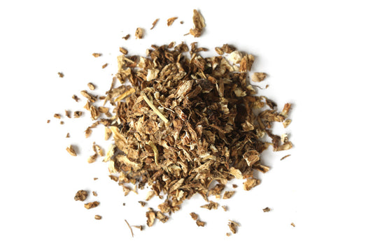 Organic dandelion root in a 1oz package from Dragonfly Elements, showing dried, whole root pieces.