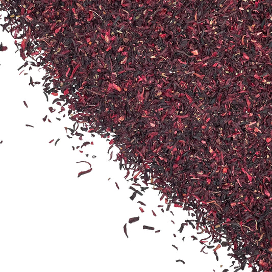 Hibiscus 1 oz. dried herbal product from Dragonfly Elements, showing vibrant red hibiscus petals in a clear jar.
