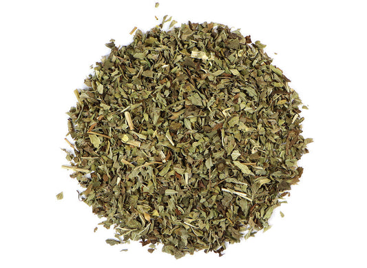 Organic Lemon Balm from Dragonfly Elements in a 1oz package, showing fresh green leaves and herbal packaging.