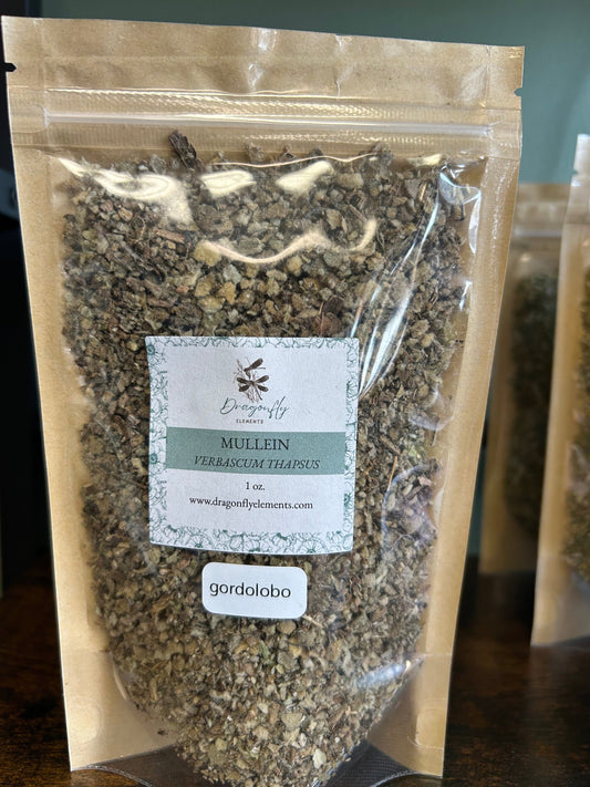 Mullein 1 oz. herbal extract from Dragonfly Elements, featuring dried mullein leaves in a clear jar with natural packaging.
