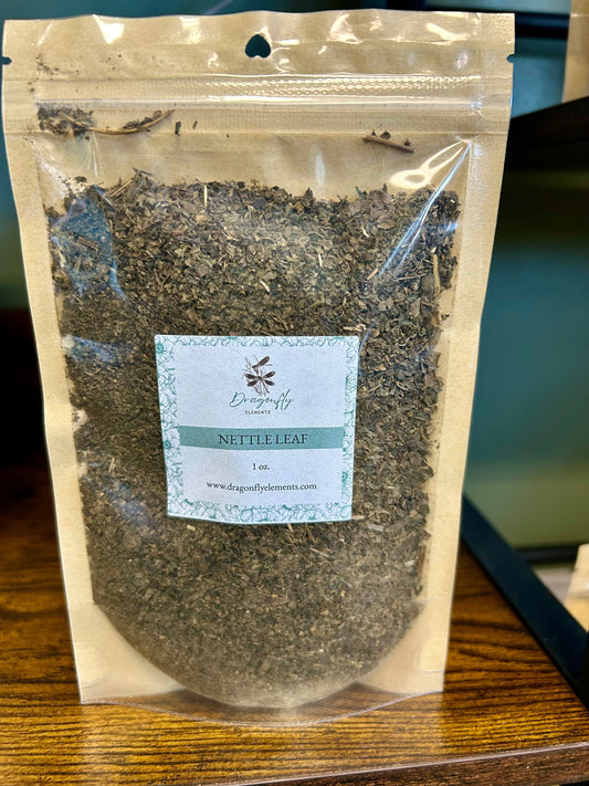 Organic Nettle Leaf from Dragonfly Elements in 1oz package, showing dried green nettle leaves for herbal use