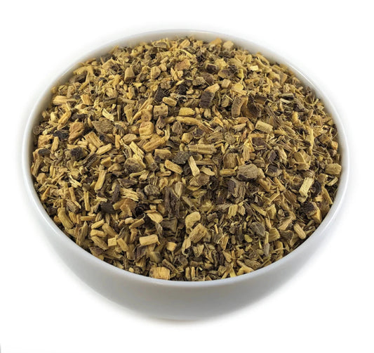 Organic licorice root from Dragonfly Elements in a 1oz package, showing the dried, sliced licorice root pieces.
