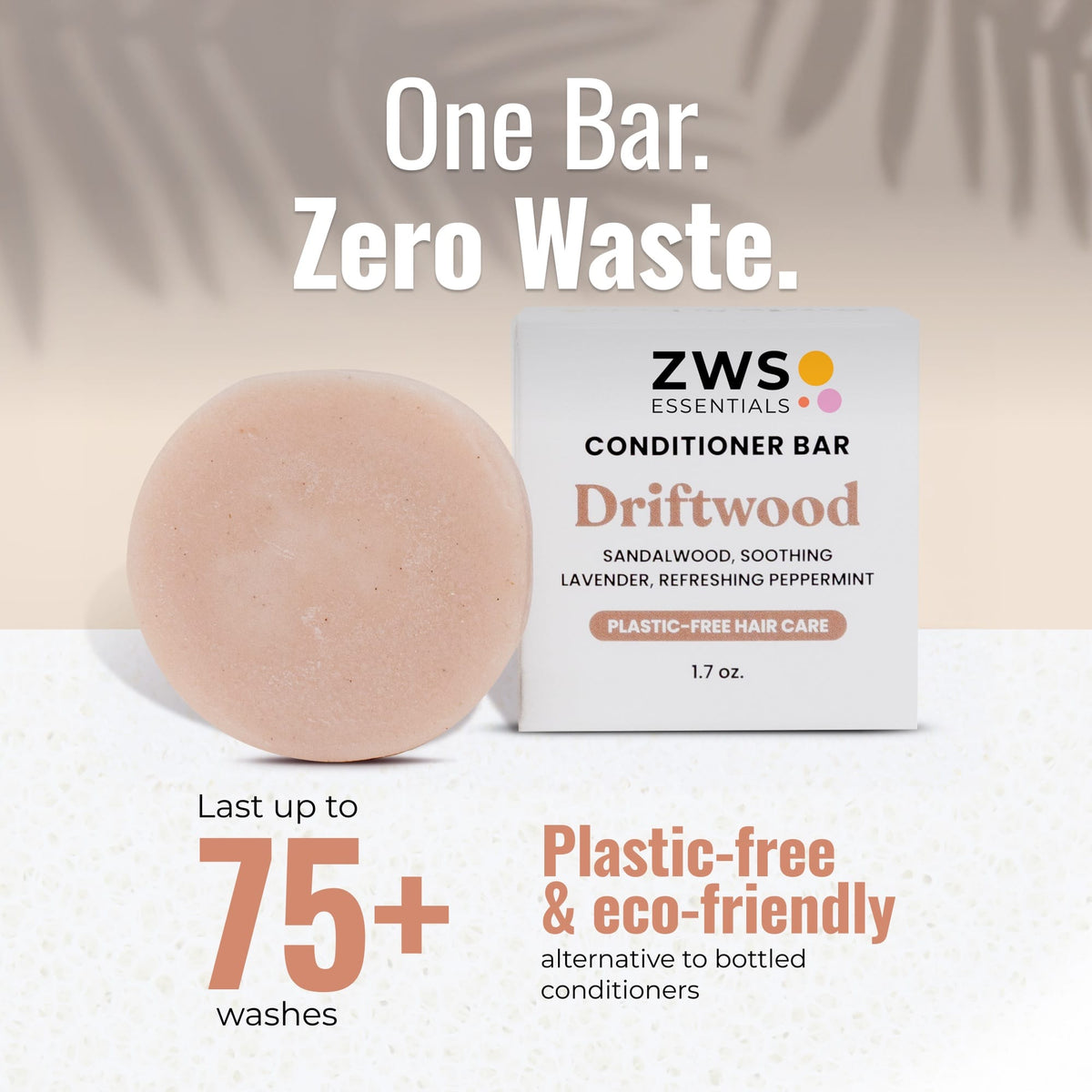 Driftwood-scented plastic-free conditioner bar by ZeroWasteStore.com, designed for eco-friendly hair conditioning, shown with driftwood piece.