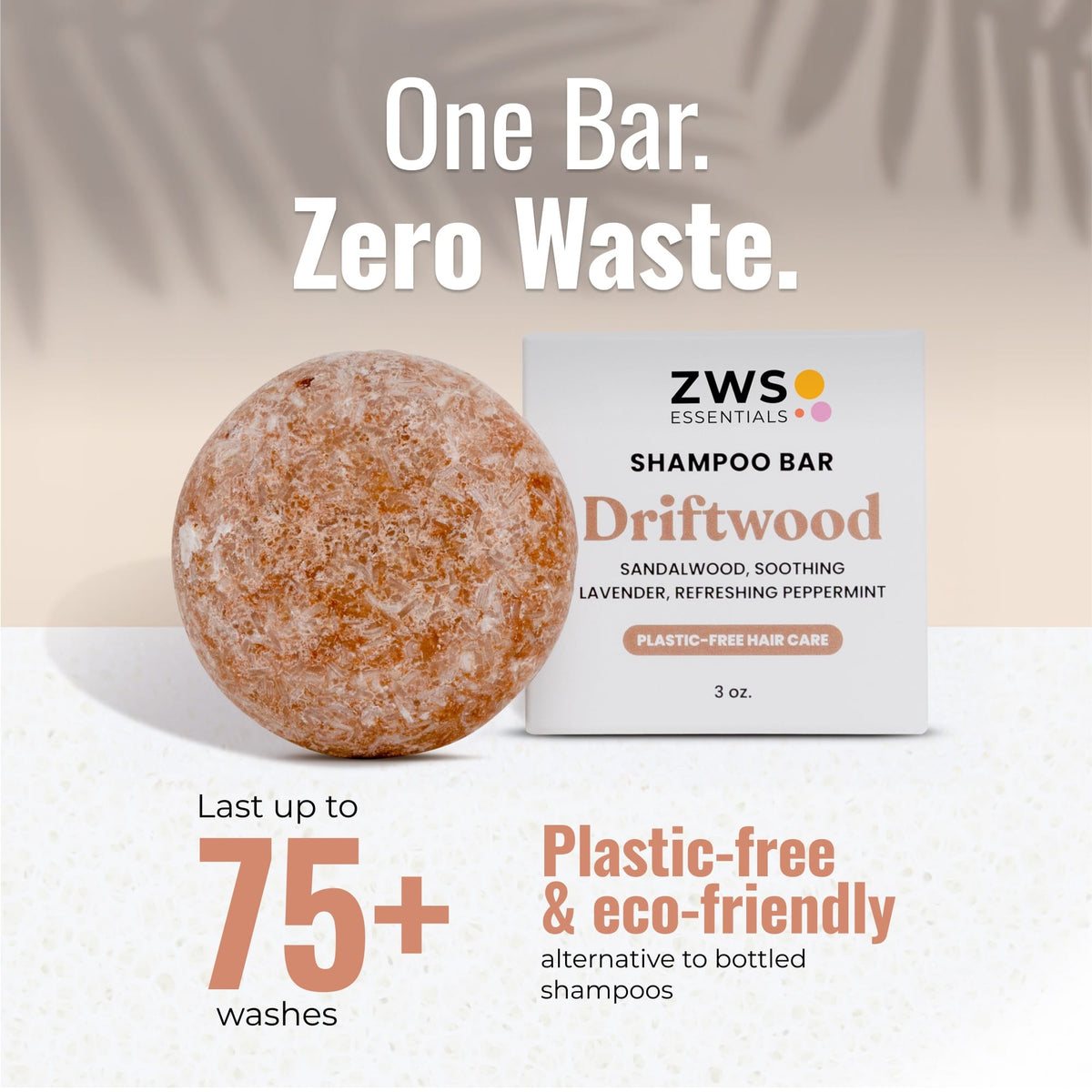 Plastic-free Driftwood-scented shampoo bar by ZeroWasteStore.com, showing a natural wooden soap bar on a neutral background.