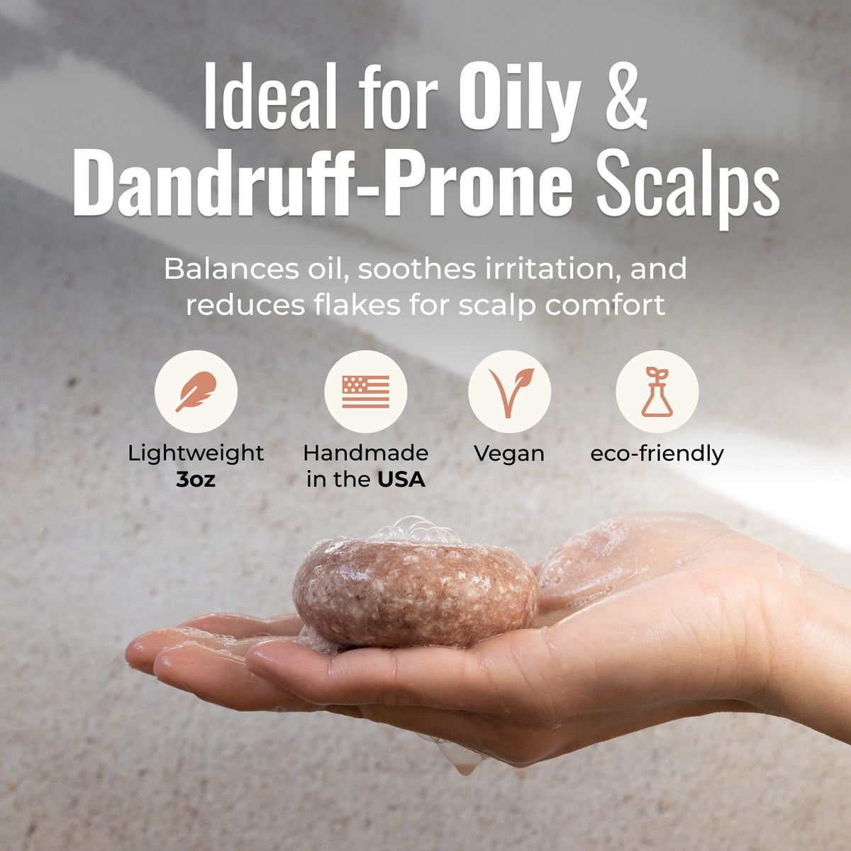 ZeroWasteStore driftwood shampoo bar for oily, dandruff-prone scalp, natural shampoo bar with eco-friendly packaging and textured surface.