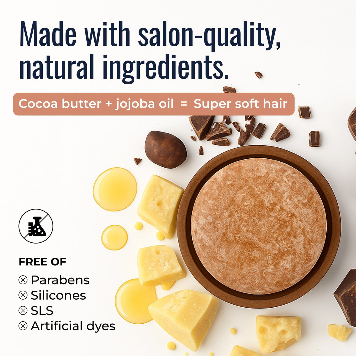 Driftwood-scented natural shampoo bar from ZeroWasteStore.com with cocoa butter and jojoba oil, showcasing its eco-friendly packaging.