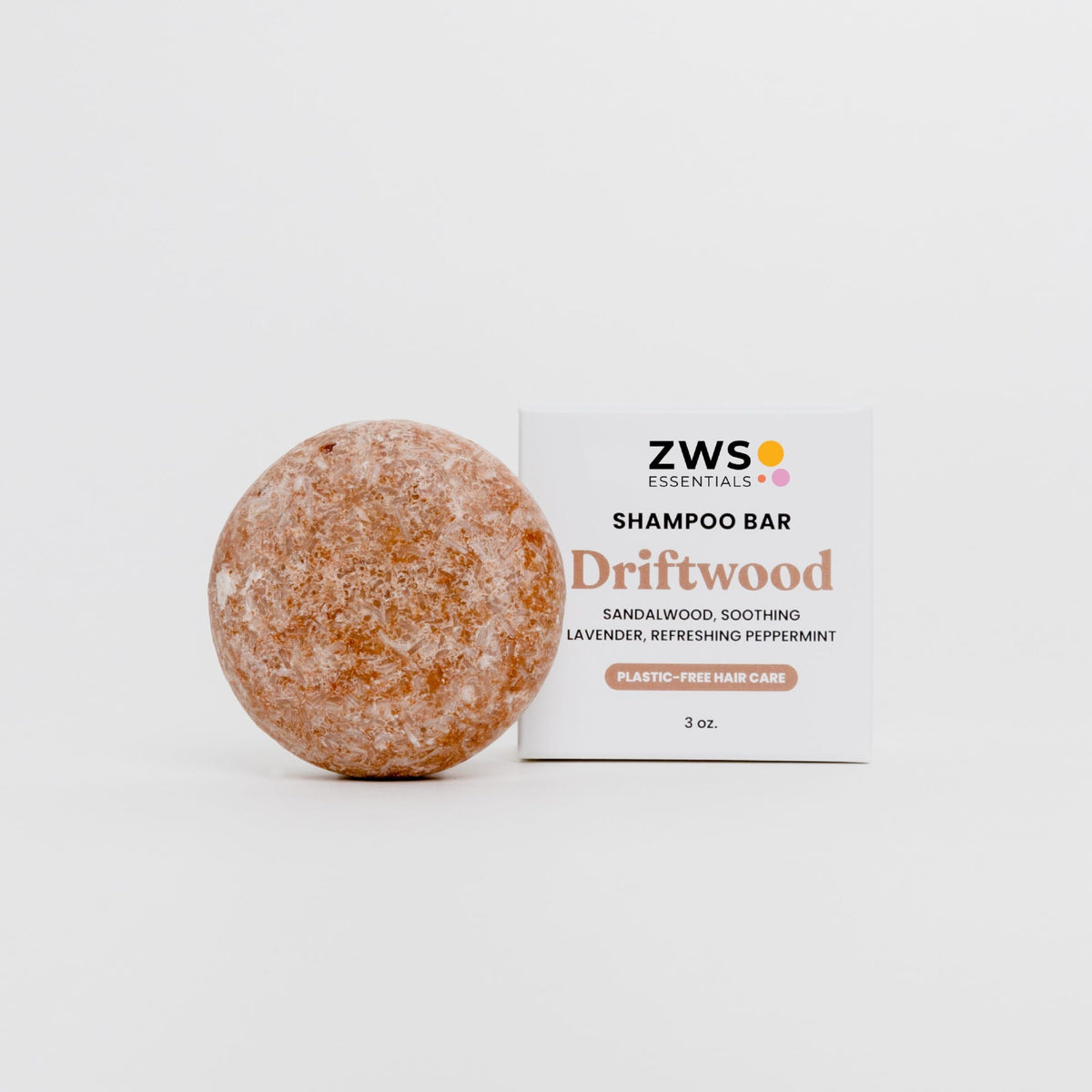 Driftwood scented shampoo bar from ZeroWasteStore.com, natural soap bar with textured wood-like surface for eco-friendly hair care.