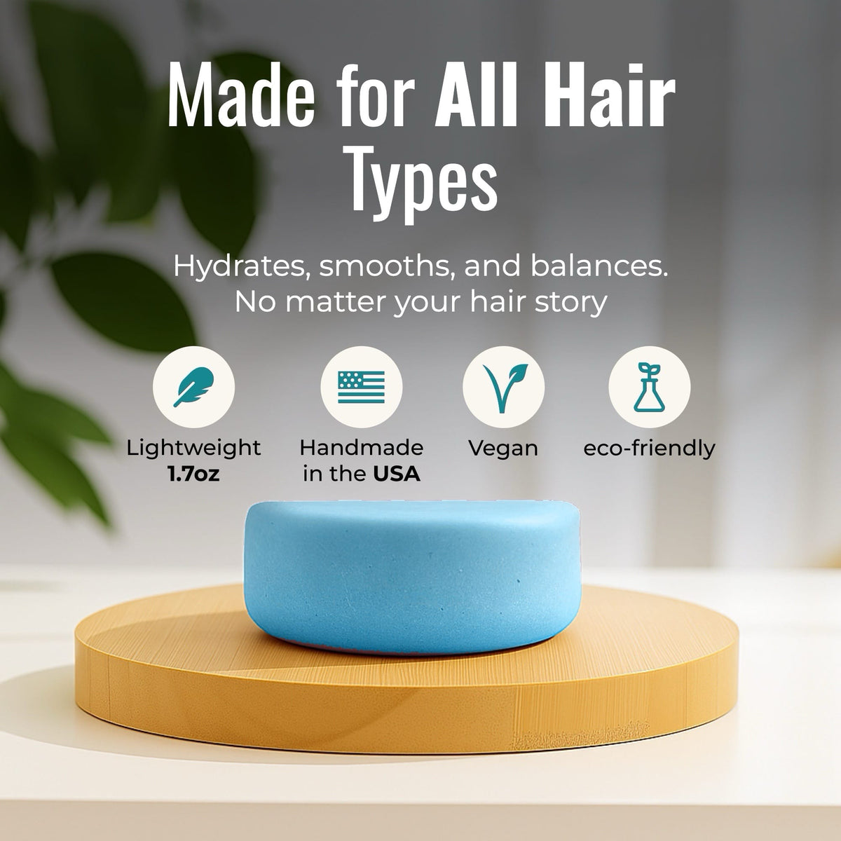 Earth-scented conditioner bar for all hair types from ZeroWasteStore.com, natural solid hair conditioner in a compact form.