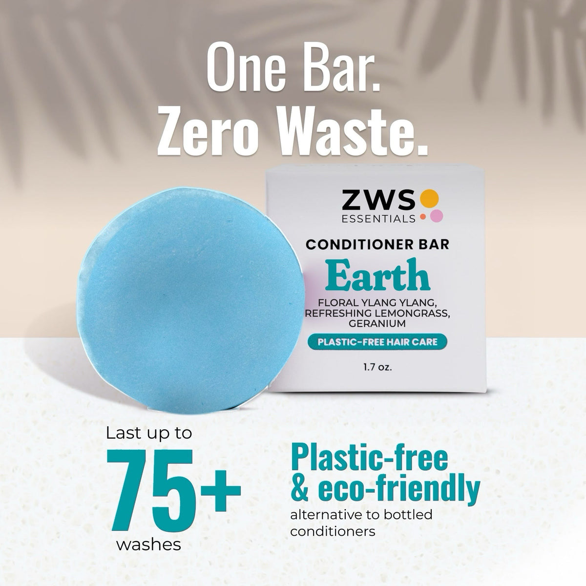 Plastic-free conditioner bar from ZeroWasteStore, Earth scent, designed for 75 washes, eco-friendly hair conditioner.