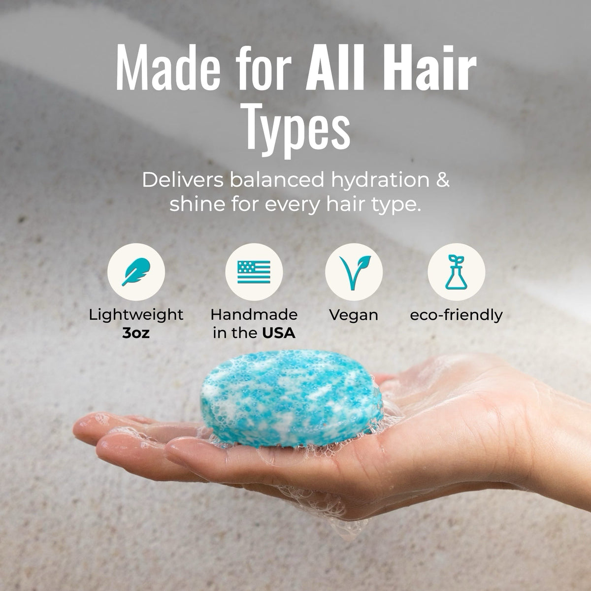ZeroWasteStore.com earth-scent shampoo bar for all hair types, round natural soap with earthy color and packaging details.