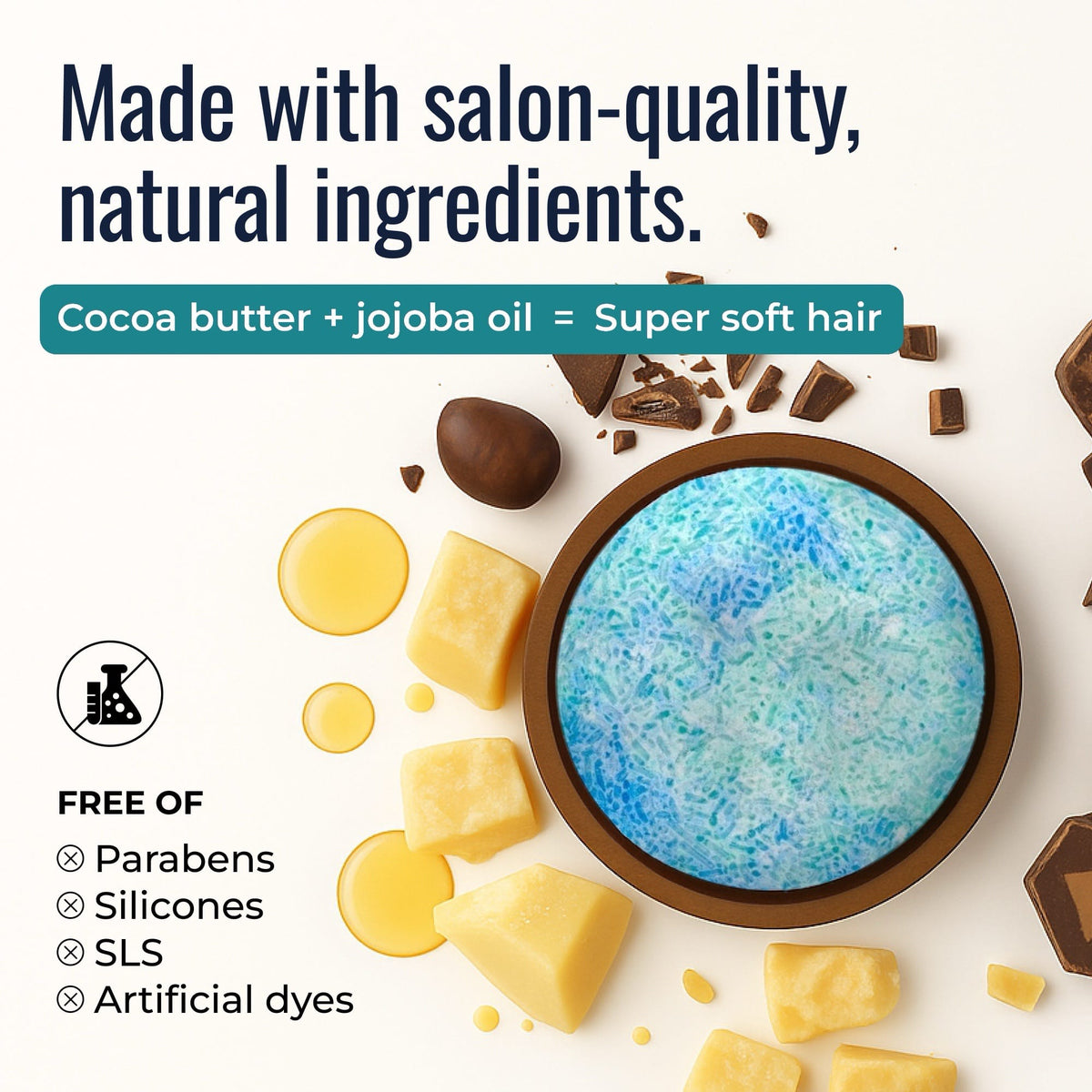 Earth-toned shampoo bar from ZeroWasteStore.com featuring natural ingredients like cocoa butter and jojoba oil, eco-friendly packaging.