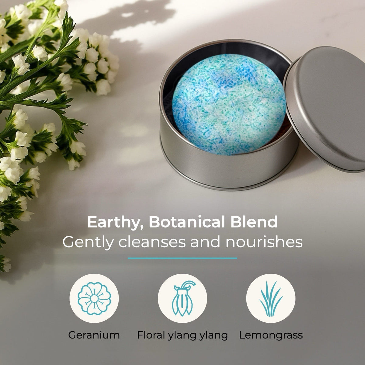 Earth-scented ZeroWasteStore shampoo bar with natural ingredients, shown with textured soap surface and eco-friendly packaging.