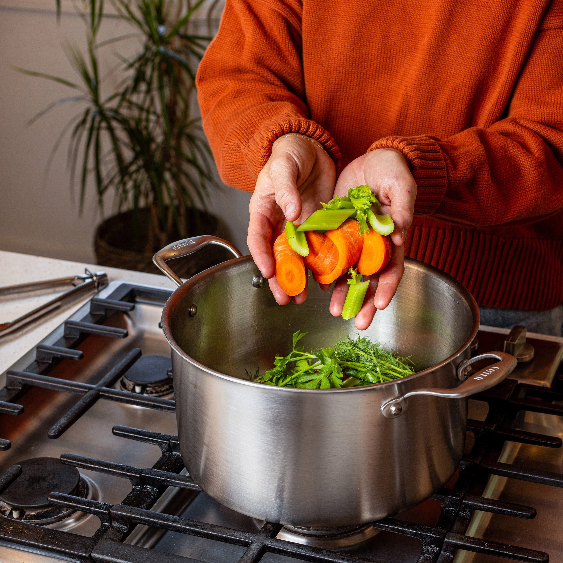 Heritage Steel Eater x Heritage Steel 8 Quart stock pot with lid, stainless steel cookware for soups and stews.