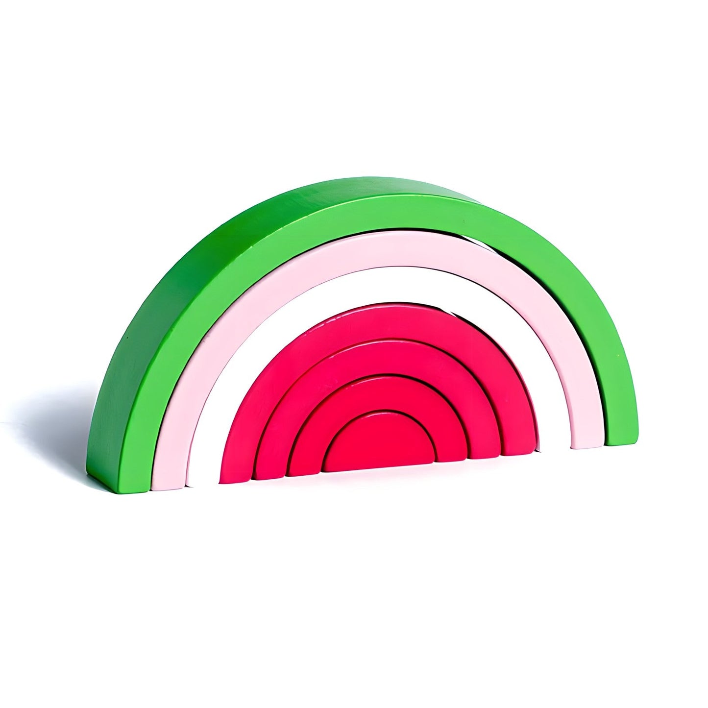 Small wooden rainbow arch blocks by Petite Pioneers, colorful and smooth-painted educational toy for children.