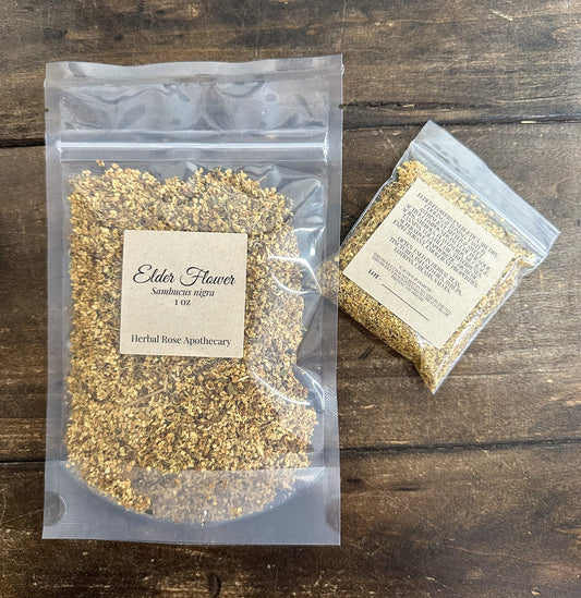 Dried Elderflowers from Herbal Rose Apothecary, showing pale white and cream elderflower blossoms for herbal tea and remedies.