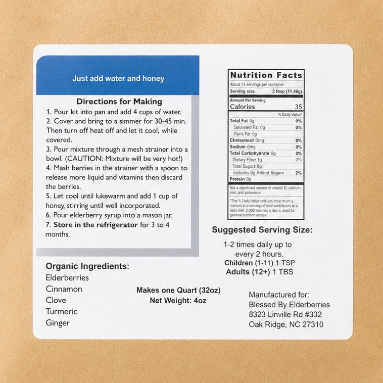 Quart size DIY Elderberry Syrup kit with natural elderberry tea ingredients, includes directions label from Blessed by Elderberries.