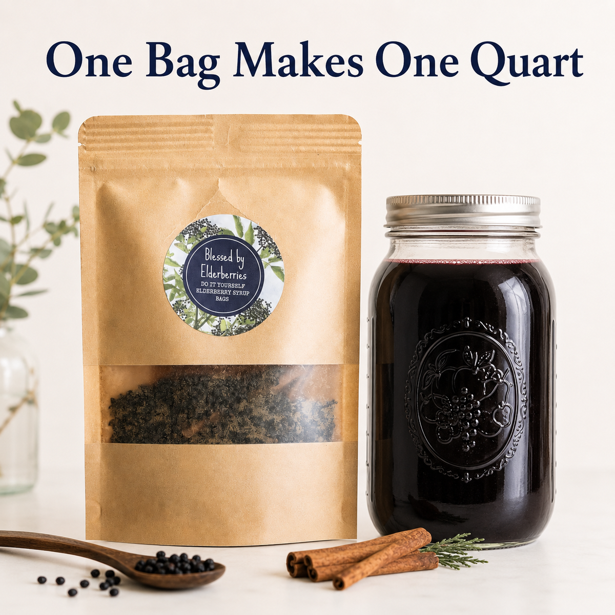 Finished quart-sized elderberry syrup kit by Blessed by Elderberries, featuring all-natural tea ingredients and brewing supplies.