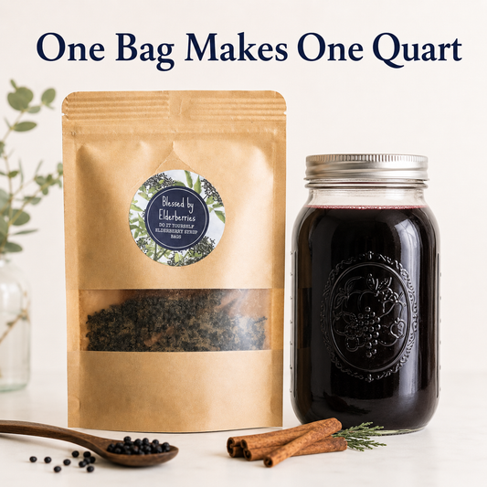 Finished quart-sized elderberry syrup kit by Blessed by Elderberries, featuring all-natural tea ingredients and brewing supplies.
