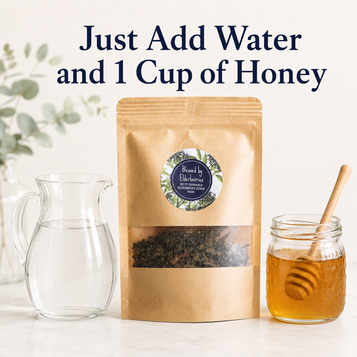 All-natural Elderberry Syrup DIY kit from Blessed by Elderberries, includes water, honey, and elderberries for homemade syrup.