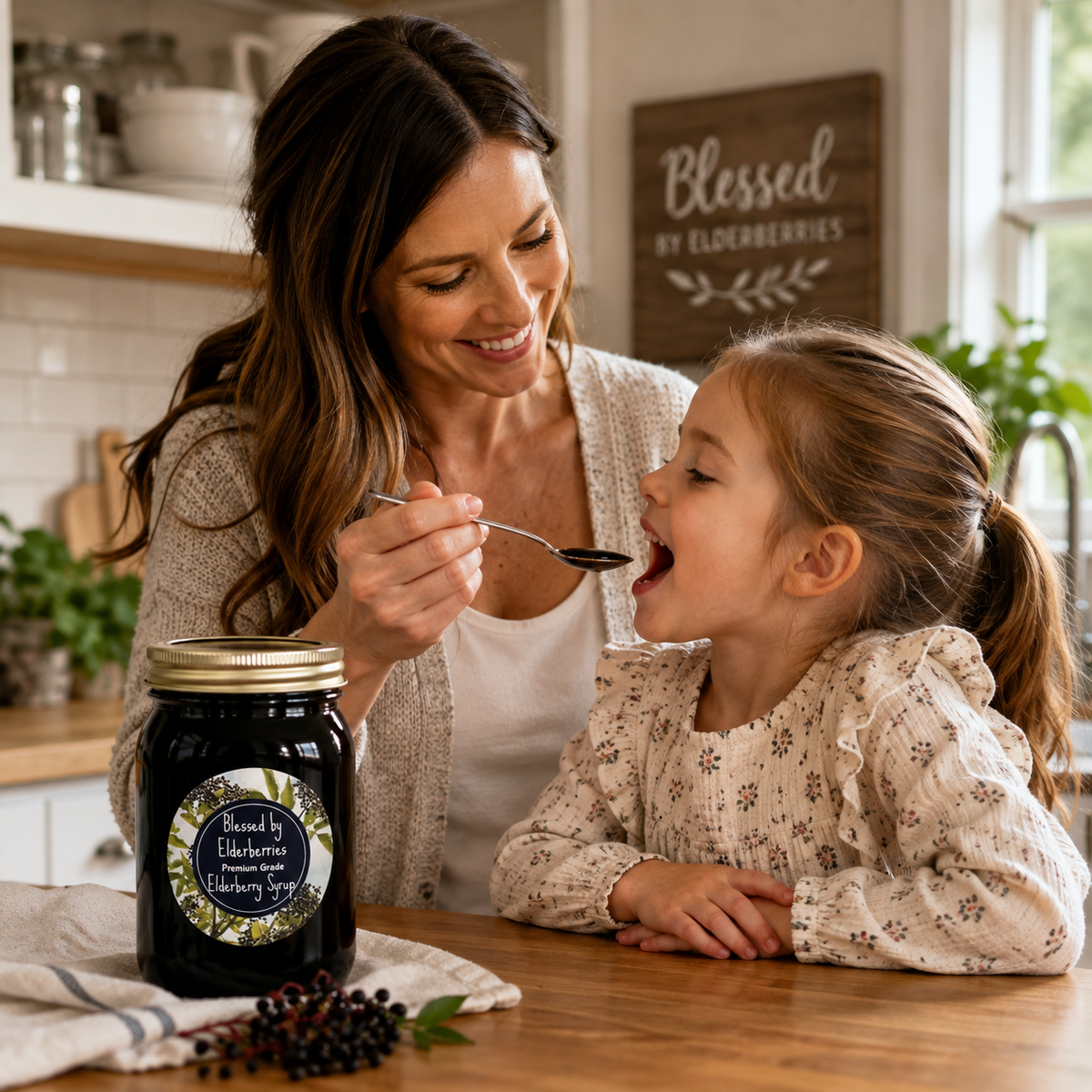 Bottle of Blessed by Elderberries elderberry syrup with fresh elderberries and herbs in a glass jar, ready for immune support.