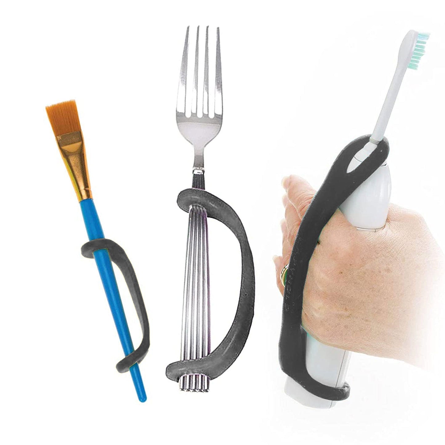 Elderly woman using EaZyHold 3-pack daily living aids in black, assisting with grip and independence for seniors.