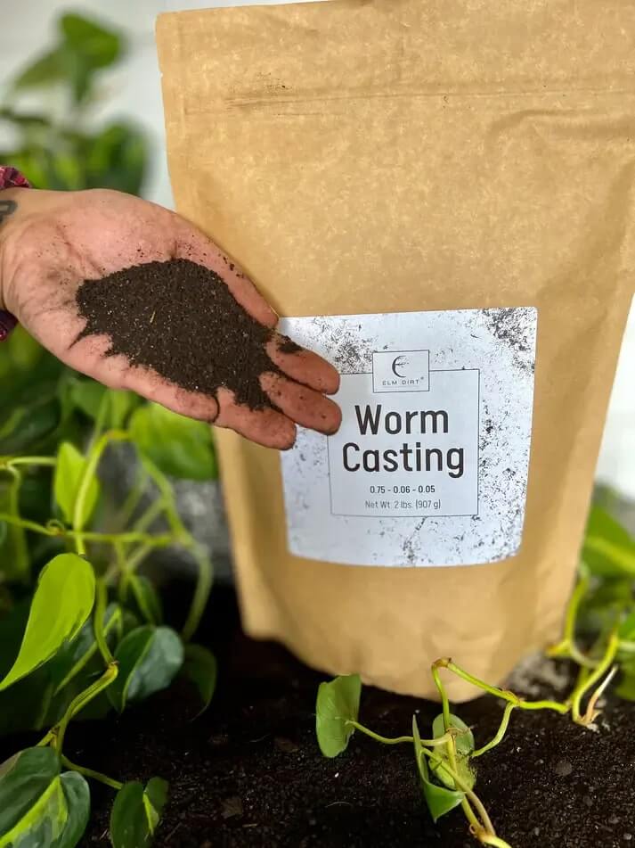 Elm Dirt Worm Castings in a 2-lb bag, rich organic compost for soil enrichment and plant growth.
