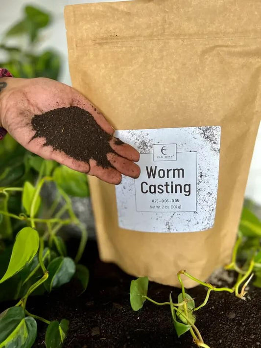 Elm Dirt Worm Castings in a 2-lb bag, rich organic compost for soil enrichment and plant growth.